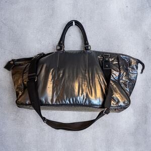 Furla Uomo Black Shiny Nylon Leather Trim Large Weekender Duffel Travel Bag